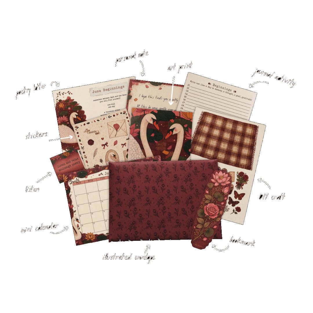 Luxurious red artisanal envelope with a Polaroid and vintage stickers